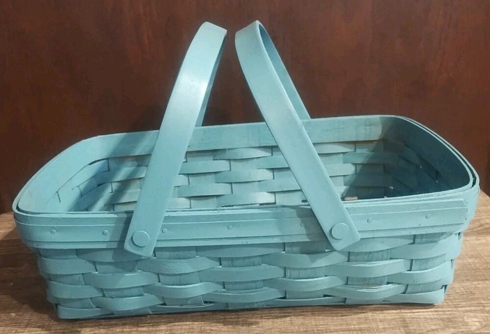 Wood Rectangular Basket Double Handles Blue Turquoise Robins Egg woven sturdy